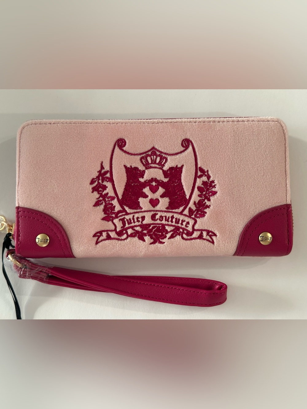 Juicy Couture New Love Chapter Pink Velvet Wristlet / Wallet with Fuchsia Trim